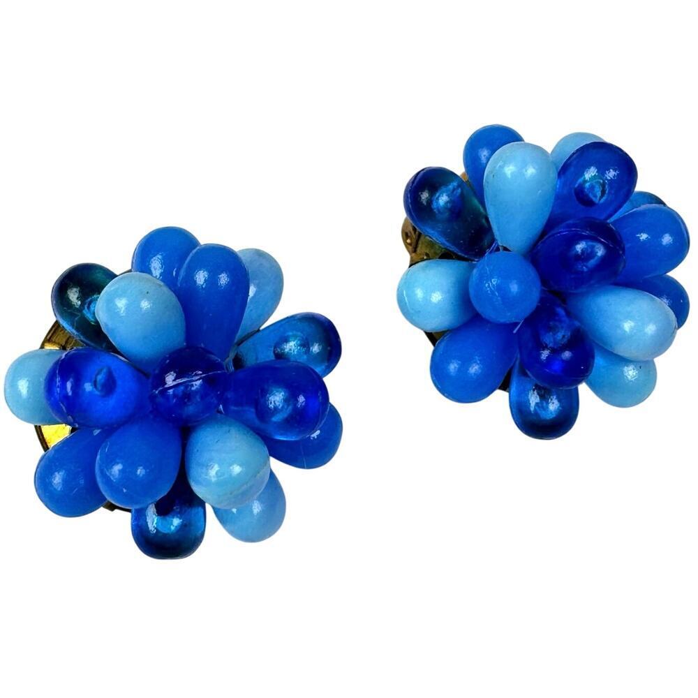 VTG Clip On Earring Blue Lucite Beads Cluster MCM Hong Kong